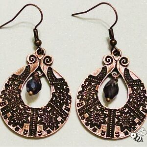 Boho Copper Crescent Earrings • Celestial Crystal Bead Dangle